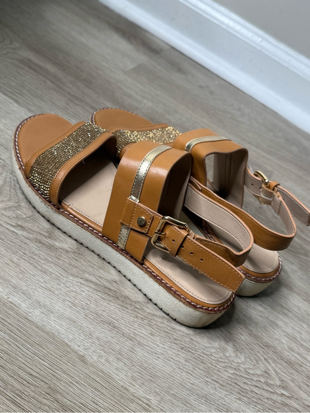 Aldo Tan Sandals with Gold Glitter Straps